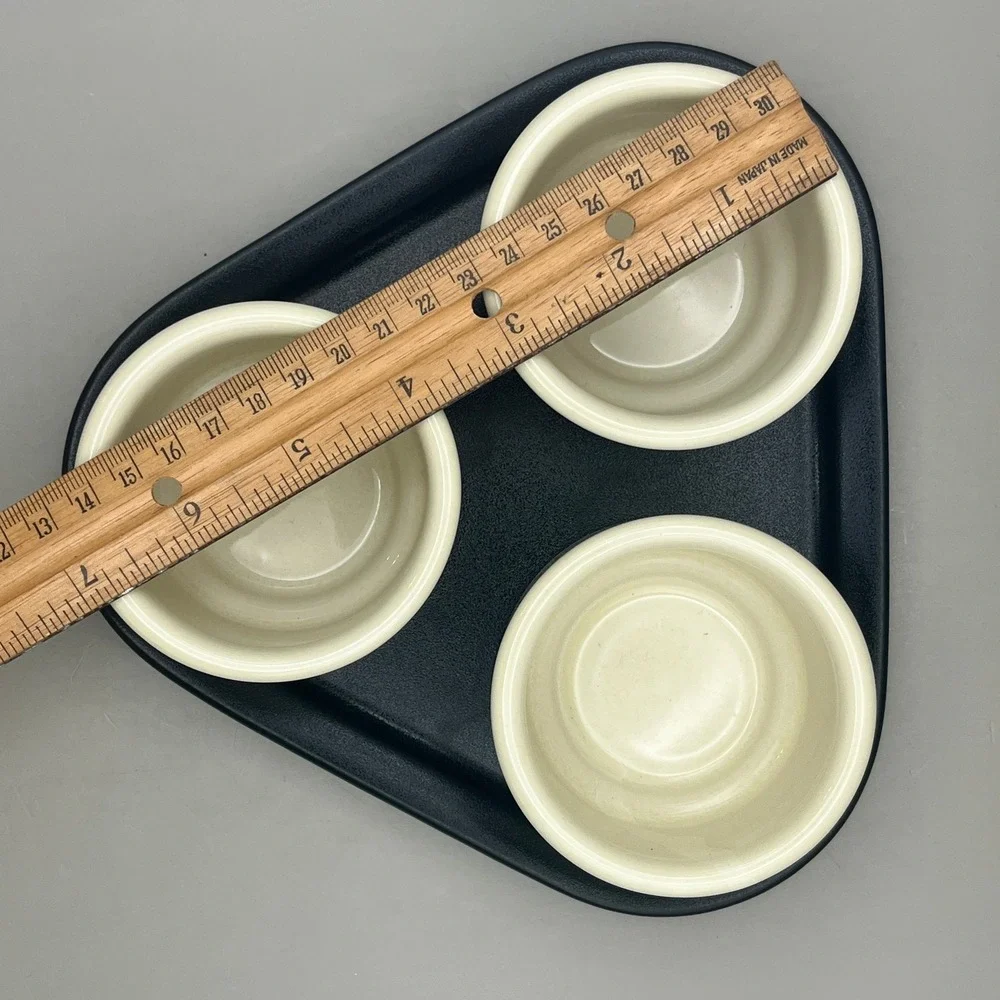 Vintage Hall Pottery 3 Stoneware 2 oz Ramekins on a‎ Black Stoneware Tray MCM